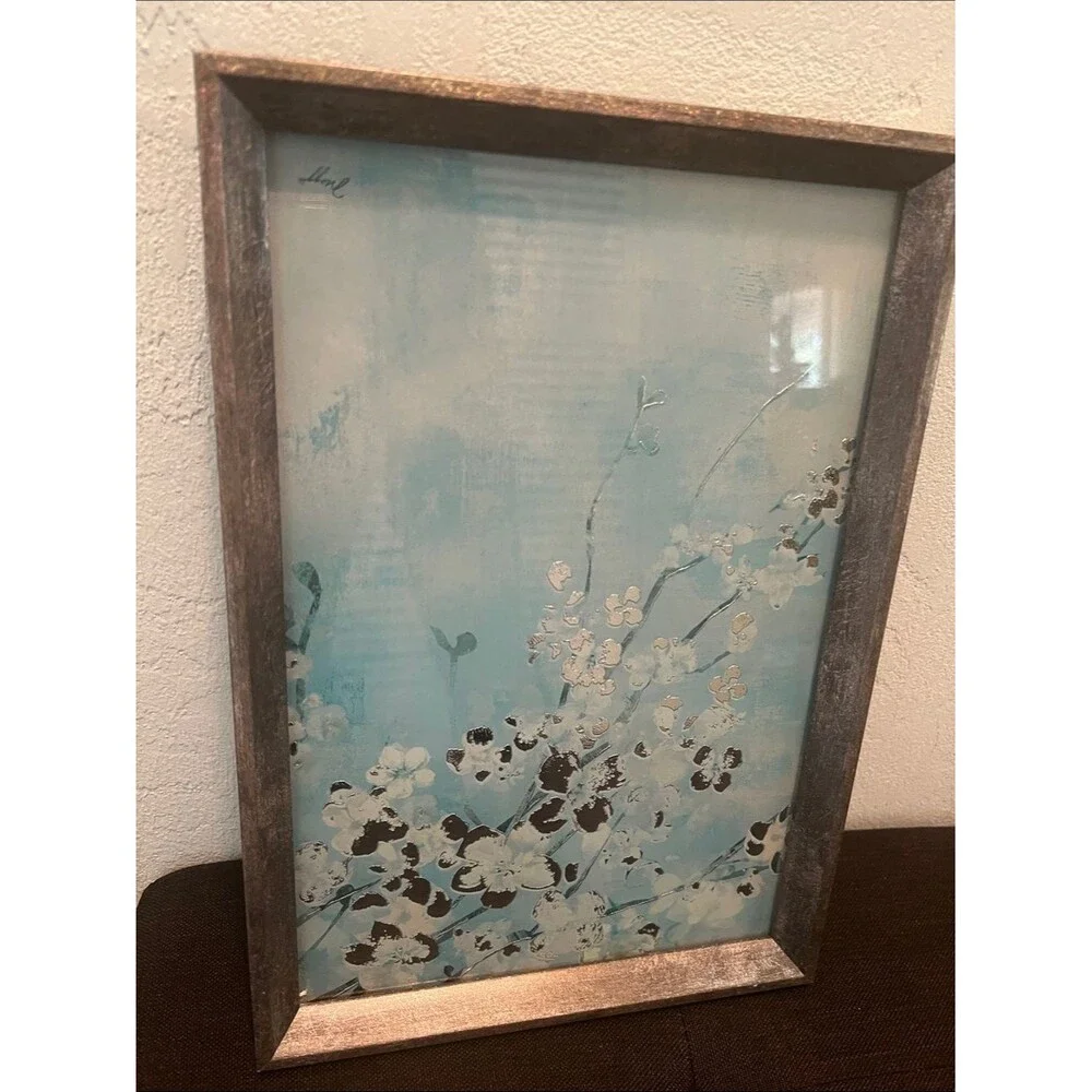 #2319*”9x13” Silver & Framed Blue Floral Wall Art - Serene Blossoms